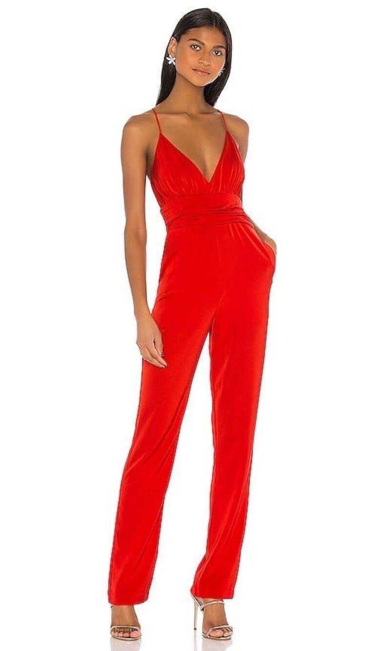 Lovers + Friends Red Satin Ruched Halter Jumpsuit Straight Leg Stretch Size M